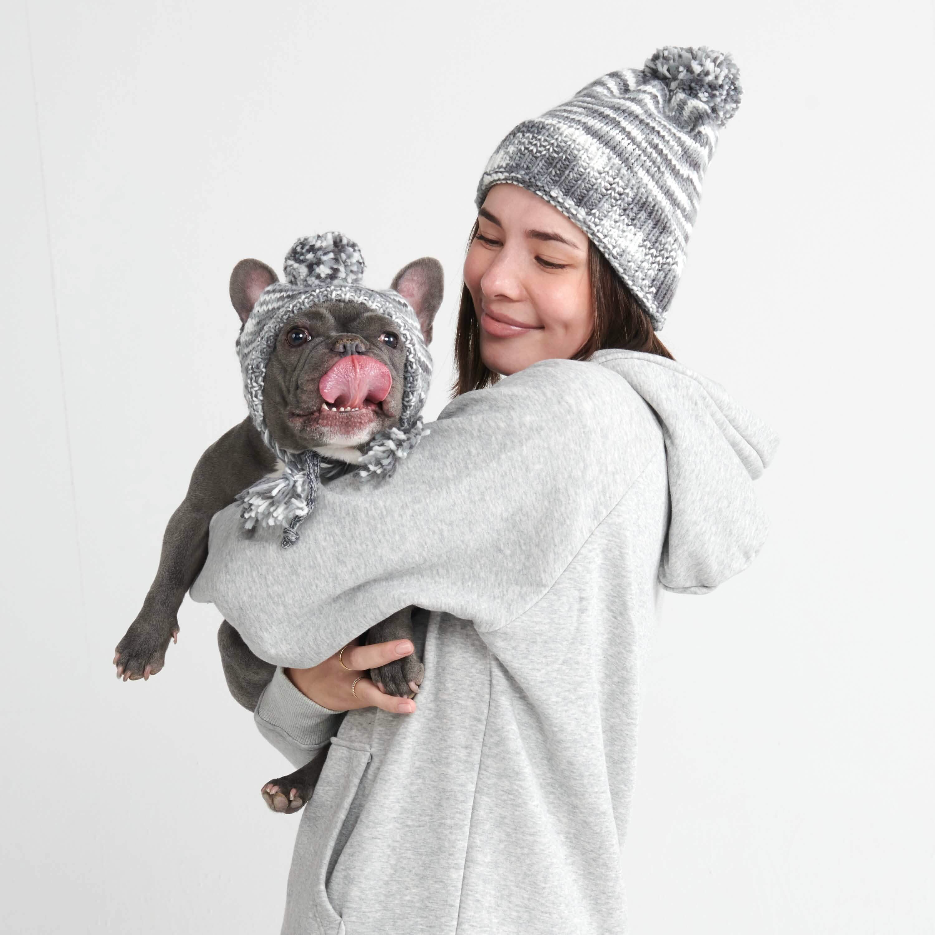 Knit Pom Pom Dog Beanie Hat - Salt and Pepper