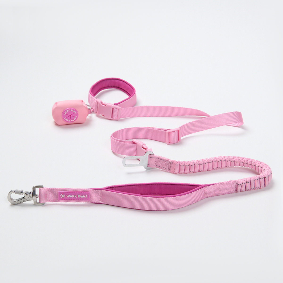 Multipurpose Seatbelt Handsfree Leash & Poop Bag Holder Set - Pink